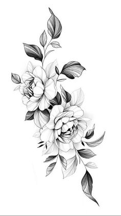 a black and white drawing of flowers with leaves on the bottom half of their arm