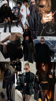 the collage shows many different images of women in black outfits