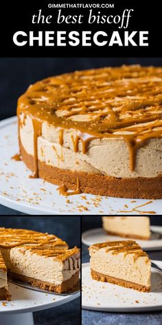 cheesecake with caramel drizzle on top and the rest of the cake