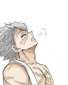 a drawing of a man with grey hair and no shirt on looking up at something