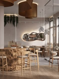 the interior of a restaurant with wooden tables and stools, plants on the wall