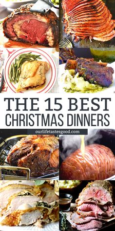 the 15 best christmas dinners with roasting meat and vegetables on it, including ham