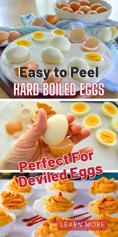 3 photos of easy to peel hardboiled eggs, top of eggs peeled and cut on white plate, middle photo shows large shell in hand half peeled and lower photo of sriracha deviled eggs on white platter. Boiled Eggs Recipes, Hard Boiled Eggs Easy Peel, Easy Peel Eggs, Easy Hard Boiled Eggs, Perfect Deviled Eggs, Boiled Egg Recipes, Peeling Hard Boiled Eggs, Creamy Eggs, Soft Boiled Eggs