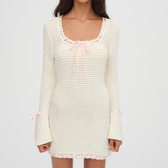 The Olina Crochet Mini Dress Is A Spring Dream. Pair With A Fun Sneaker Or Strappy Heels For A Night Out. *** No Ribbon On Top Part Size & Fit Mini Length Square Neckline Lined Scalloped Neckline And Hem Ribbon Detail Is Interwoven Into Neckline, Hem, And Cuffs Details 50% Polyester 50% Cotton Lining: 80% Nylon 20% Spandex Brand New Spring Crochet Dress With Square Neck, Feminine Crochet Dress For Brunch, Sweet Long Sleeve Mini Dress, Pink Crochet Mini Length Dress, White Feminine Crochet Mini Dress, Feminine White Crochet Mini Dress, Pink Fitted Crochet Mini Dress, Pink Fitted Mini Crochet Dress, White Fitted Crochet Dress In Cute Style