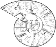 the floor plan for an office with several rooms and furniture in it, including a circular table