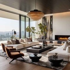 a living room filled with lots of furniture next to a fire place in a tall building