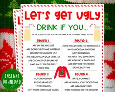 an ugly christmas drink list is shown in front of a knitted stocking with the words, let's get ugly drink if you