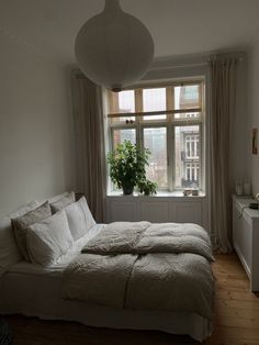 a bedroom with a large bed and a plant in the window sill next to it