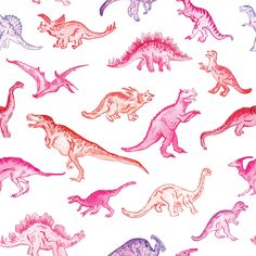 a bunch of different types of dinosaurs on a white background with pink and blue colors