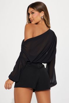 Available In Olive And Black. Chiffon Romper Long Sleeve Off The Shoulder Tie Waist Buckle Short Non Stretch Self 1: 100% Polyester Self 2: 95% Polyester 5% Spandex Imported | Taking Notice Chiffon Romper in Black size Large by Fashion Nova Chiffon V-neck Blouse For Parties, Chiffon Long Sleeve Tops For Night Out, Formal Fitted Chiffon Tops, Chic Chiffon Tops For Night Out, Chiffon Blouse For Night Out With Long Sleeves, Chic Stretch Chiffon Blouse, Sheer Chiffon Party Top, Sheer Sleeves V-neck Blouse For Party, Party V-neck Blouse With Sheer Sleeves