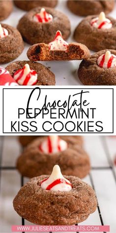 chocolate peppermint kiss cookies with white frosting and candy canes on top