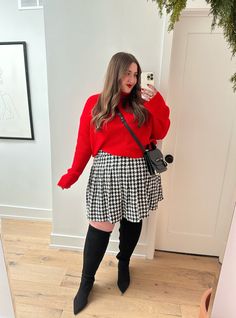 Plus size winter outfit inspo - red sweater with houndstooth skirt - tall wide-calf boots - office style - workwear style Burgundy Leggings Outfit Winter, Burgundy Leggings Outfit, Velvet Leggings Outfit, Houndstooth Outfit, Refillable Lipstick, Leggings Outfit Winter, Cute Professional Outfits, Engagement Photo Outfits Fall