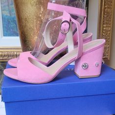 $525 Gorgeous Brand New In Box Stuart Weitzman Pink Suede Ankle Strap Sandals With Crystal Adorned Block Heels. Size 9.5. Inside Measures 10.25" From Toe To Heel. Beautiful Embellished Block Heel Is 3.25" High. The Band On The Vamp Is A Little Taller Than A Similar Sw Style, And This Style Gives More Toe Coverage. This Is Also The Newest Model, With Crystals Instead Of Pearls On The Heels. Perfect, Brand New Condition. Comes With Box, Dustcover And Card. $525 New. Made In Spain Elegant Pink Heels With Stacked Heel, Luxury Block Heels For Spring, Luxury Block Heels For Spring Party, Luxury Spring Block Heels For Party, Designer Low Heel Shoes With Heel Strap, Luxury Evening Block Heels For Spring, Designer Stacked Heel Sandals For Party, Designer Evening Sandals With Stacked Heel, Designer Sandals With Stacked Heel For Party