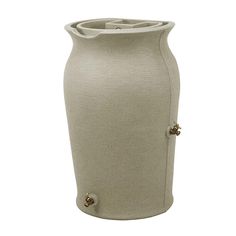 a beige vase with buttons on the front and bottom, is shown against a white background