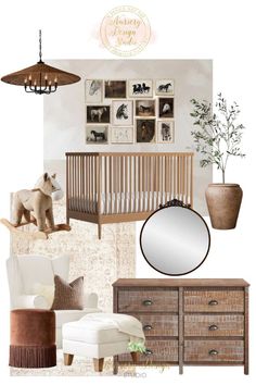 a baby's room with pictures and furniture