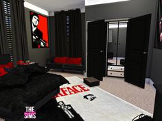 the bedroom is decorated in black and red with white carpeted flooring, two doors leading to another room