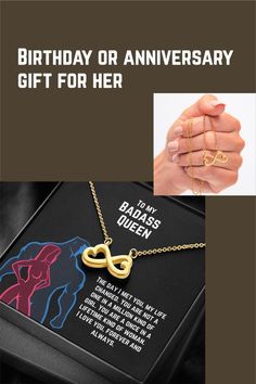 a woman's hand holding a gold necklace with the words birthday or anniversary gift for her