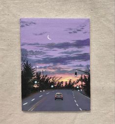 a painting of a car driving down the road at dusk with a half moon in the sky