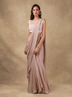 Ridhi Mehra - Pink Embroidered Drape Saree - INDIASPOPUP.COM Onion Pink, Drape Sarees, Ridhi Mehra, Scalloped Blouse, Stitched Saree, Saree And Blouse, Overall Outfit, Embroidered Crop Tops, Drape Saree