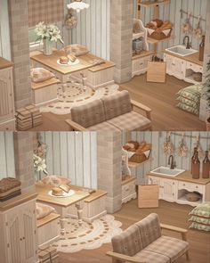 three different views of a kitchen and dining room