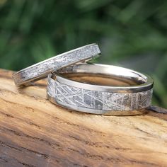 Matching Meteorite Wedding Band Set Meteorite Wedding Rings, Meteorite Rings, Meteorite Wedding Band, Gibeon Meteorite, Mens Wedding Bands Unique, Meteorite Jewelry, Wedding Bands For Him, Matching Wedding Rings, Titanium Wedding Rings