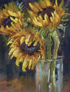 an oil painting of sunflowers in a vase