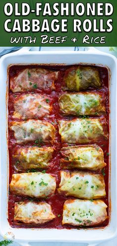 an old fashioned cabbage rolls with beef and rice in a casserole dish