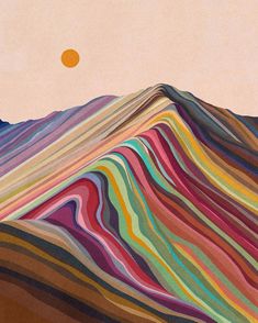 an abstract painting with mountains and sun in the background