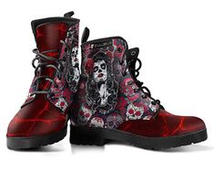 Offering the most colorful hand-made gifts and by threaddomain Skull Woman, Womens Leather Boots, Steampunk Boots, Floral Combat Boots, Woman Boots, Combat Boots Style, Vegan Leather Boots