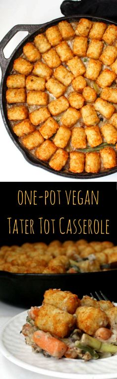 one - pot vegan tater tot casserole is shown in this collage