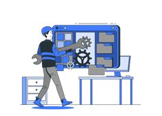 a man walking past a computer screen with a wrench in his hand and gear on it