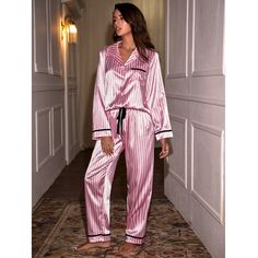 Pink Striped Pajamas Pocket, Button Front Shirt + Pants Long Sleeve 2 Piece Set Satin 95% Polyester, 5% Elastane Tags Lounge Sleep Bed Romantic Cute Chic Pj Home Night In Silk Satin Floral Lace Plaid Christmas Set Dress Holiday Cashmere Loungewear Heart Print No Relationship To Victoria's Secret Brand Sleepwear Aesthetic, Bed Romantic, Pink Silk Pajamas, No Relationship, Cashmere Loungewear, Striped Pajamas, Home Night, Sleep Bed, Satin Pj Set