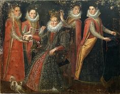 an old painting with several women dressed in medieval clothing and holding their hands out to each other