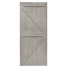 an unfinished wooden door with two planks on the bottom and one paneled in grey wood