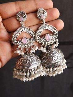 Jumka Silver, Jhumka Designs Silver, Jhumka Earrings Aesthetic, Oxide Earrings, Mirror Work Earrings, Oxidised Jewellery Earrings, Jhumkas Aesthetic, Silver Earrings Indian, Oxidised Jhumka