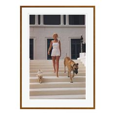 a woman walking down some steps with two dogs