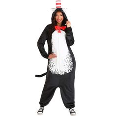 Step into the whimsical world of Dr. Seuss with the Adult Cat in the Hat Costume Jumpsuit!This playful jumpsuit transforms you into the iconic Cat in the Hat, bringing fun and mischief to any event. The costume features a black and white jumpsuit designed to resemble the beloved character, complete with the Cat's signature oversized red bow tie and tail. The soft and comfortable fabric ensures ease of movement, making it perfect for both parties and performances.Whether you're attending a costum Cat In The Hat Costume, Halloween Costume Jumpsuit, Hat Halloween Costume, Costume Jumpsuit, Red Stripes Top, Pajama Costume, Black White Jumpsuit, Halloween Costume Shop, Costume Themes