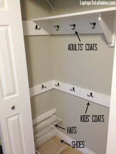 the closet is labeled with instructions for how to put coat hooks on the door and hang coats