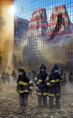 two fire fighters standing in front of a caged area with words written on it