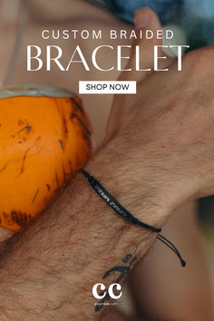 a man's arm with a bracelet that says, custom braided bracelet shop now