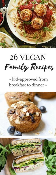 the cover of 20 vegan family recipes, with pictures of different foods and desserts