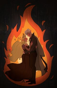 an image of a couple in front of a fire with the flame coming from them