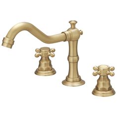 an antique style faucet with two handles and three spout holes, in gold