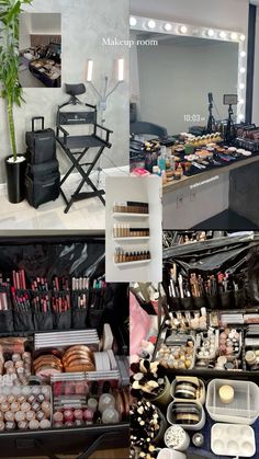 Makeup Salon Aesthetic, Mua Room Makeup Artists, Makeup Artist Salon Decor, Home Based Makeup Studio, Makeup Artist Home Studio, Makeup Vision Board Ideas, Cosmetology School Makeup, Makeup Moodboard Collage