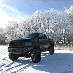 a black truck is parked in the snow