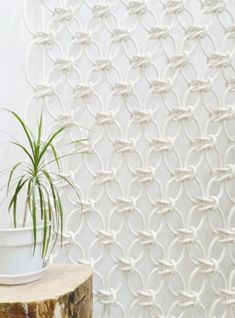 a potted plant sitting on top of a wooden stump next to a wallpaper