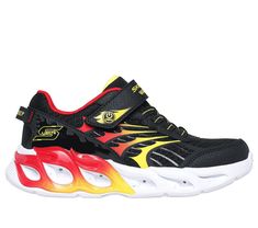 Blaze through the day with fiery light-up fun wearing Skechers S-Lights Thermo-Flash 2.0. This fire-themed light-up design features an athletic mesh and synthetic upper with stretch laces, an adjustable instep strap, and a well-cushioned midsole with light-up "flames" tech piece. | Skechers Boy's S-Lights: Thermo Flash 2.0 Sneaker | Medium Width | Shock-absorbing light-up midsole with flame-themed tech piece | On/off light button | Cushioned comfort insole | Fire-themed athletic mesh and synthet Cold Weather Hats, Insole Design, Wide Shoes, Children Shoes, Waterproof Shoes, Boys Sneakers, Skechers Women, Slipper Sandals, School Shoes