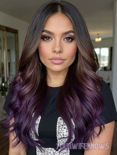 Dark Brown With Plum Highlights, Color Melt Dark Hair, Dark Purple Hair On Brown Hair, Purple Brunette Hair Color, Brown And Purple Ombre Hair, Brunette With Violet Undertones, Brunette Purple Ombre, Vivid Ombre Hair, Purple And Brunette Hair