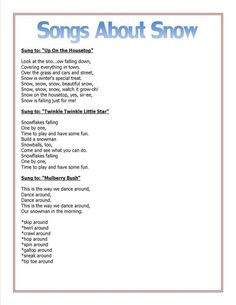 a sheet with the words songs about snow on it