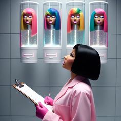 a woman in pink holding a clipboard and looking at three barbie dolls behind her